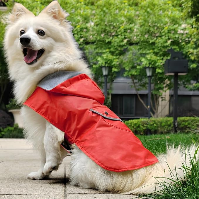 Dog Raincoat Dogs Rain Jacket Reflective Poncho Rainwear Waterproof Pet Clothes Warm Lined Pocket Hooded Leash Hole Adjustable Medium Dogs,Red,XXXL,Back Length 20.0 Inch
