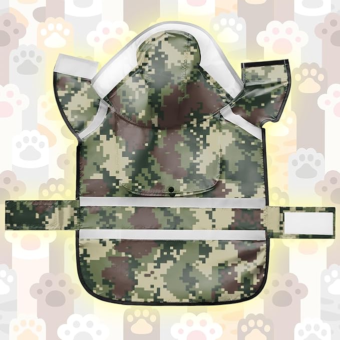 Dog Raincoat, Adjustable Rain Jacket with Hooded Double Layer for Large Medium Small Dogs Puppies, Lightweight Waterproof Rain Coat Poncho with Reflective Stripe Mosaic Camouflage Green,S