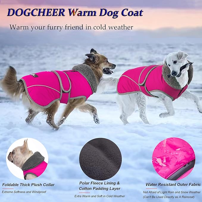 Dogcheer Dog Coat, Waterproof Dog Jacket Reflective Pet Winter Coat with Adjustable Hook & Loop, Christmas Puppy Fleece Jacket Warm Turtleneck Snowsuit for Small Medium Large Dogs - Pink, 3XL