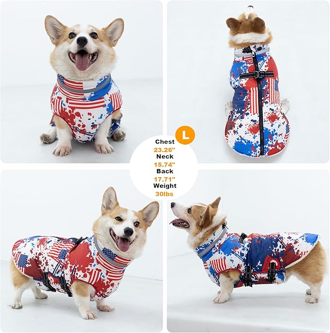 Small Dog Coat with Harness Built-in, Waterproof Reflective Fleece Lined - Warm Windproof Winter Jacket with Back Zipper, Cold Weather Snow Dog Coats - American Flag - XS