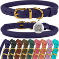 BronzeDog Rolled Leather Dog Collar with QR ID Tag, Adjustable Soft Round Collars for Small Medium Large Dogs Puppy (11" - 14 1/2" Neck Size, Violet)