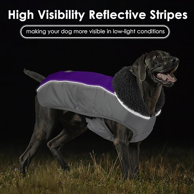 Dog Coat, Waterproof Ripstop Dog Winter Jacket with Leash Hole, Reflective Adjustable Warm Pet Fleece Snow Sweater for Small Medium Large Dogs - Purple, 2XL
