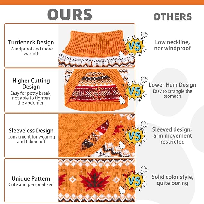 KOOLTAIL Cable Knit Dog Sweater Turtleneck, Cold Weather Pullover Classic Knitwear, Thick Warm Winter Pet Clothes, Fall Maple Leaves Thanksgiving Dog Sweater for Small Medium Large Dogs Cats, Orange M