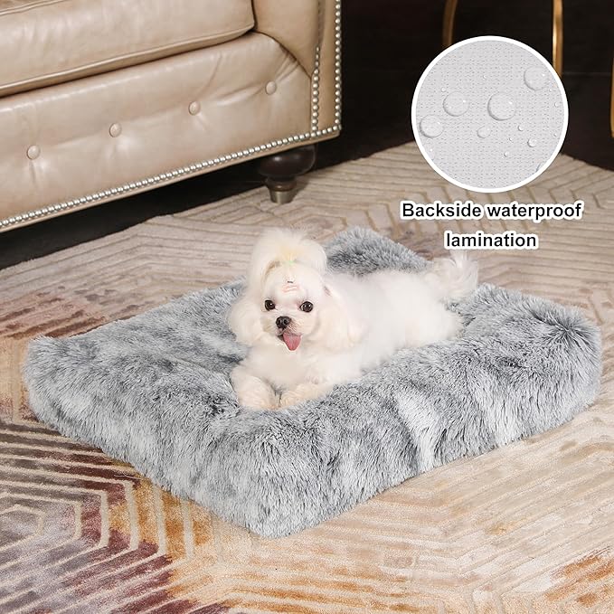 Bedfolks Waterproof Crate Bed, Plush Dog & Cat Bed with Removable Washable Cover, Faux Fur Kennel Pad, 21"x13", Dark Grey