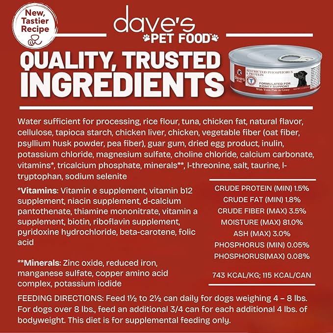 Dave's Pet Food Kidney Care Dog Food (Tuna Pate), New Recipe! Wet Renal Dog Food, Low Phosphorus, Renal Kidney Support, Vet Formulated, 5.5 oz, (12 Pack)