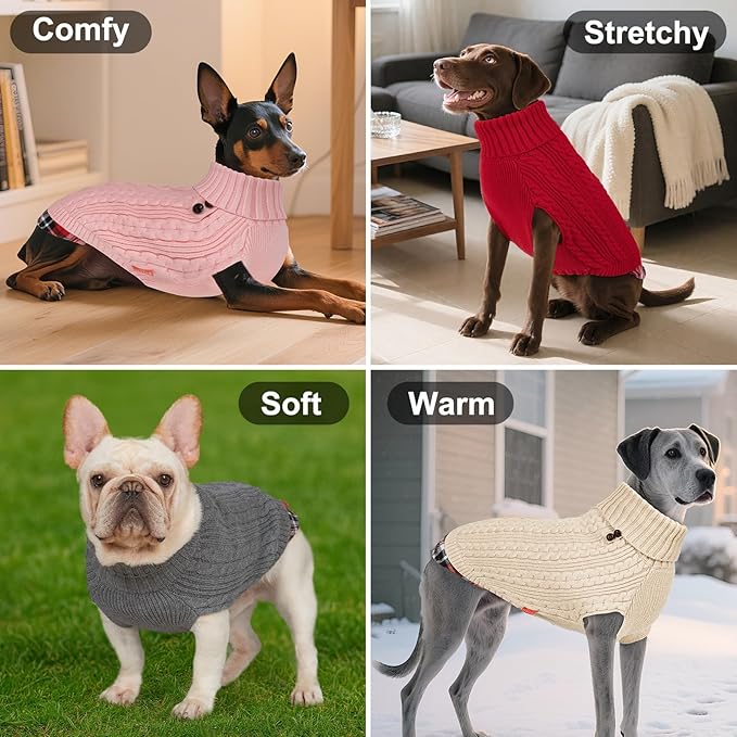 KYEESE Dog Sweater Soft Pullover Dog Sweaters for Small Dogs Girl Stretchy Knitwear Cat Clothes Comfy Pet Coat for Fall Winter Cold Weather Warm Turtleneck Small Dogs Sweater with Gingham Patchwork