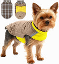Quilted Dog Winter Coat, Plaid Lined Reversible Vest, Reflective Safety Strip, Cold Weather Pet Apparel Yellow XS
