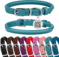 BRONZEDOG Rolled Leather Dog Collar for Small Medium Large Dogs with QR ID Tag (M: 14-16 Inch, Teal)
