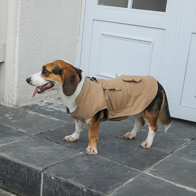 Workwear Style Dog Coats with Harness Built in for Small Dogs Windproof Warm Puppy Jacket with Storage Pockets for Cold Winter,LightBeige XL