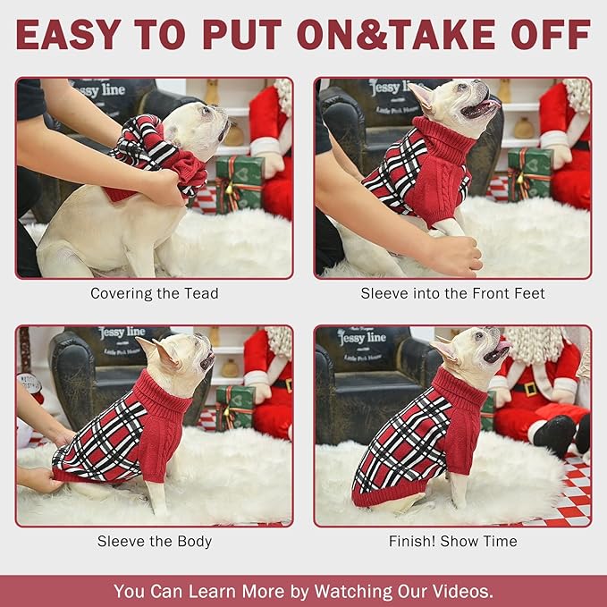 SCENEREAL Turtleneck Dog Sweater for Small Medium Large Dogs Girls Boys, Christmas Plaid Pullover Puppy Sweatershirt, Dogs Cold Weather Outfit Clothes, Ideal Gift for Pet in New Year, Red Plaid L