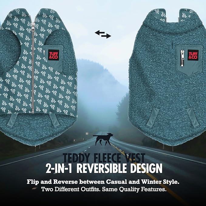 Tuff Pupper Reversible Fleece Sweater Vest for Dogs | Lightweight Comfortable Insulated Jacket | Front Zip Closure | Machine Washable | Built-in Leash Hole | Sizes for All Breeds (XL, Teal)