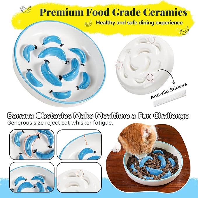 Ceramic Cat Slow Feeder Bowl - Vibrant Cat Feeding Bowl - Cute Maze Food Dish for Slow Eating - Dishwasher Safe - 6.3''W x 1.2''H - 7 OZ - Green