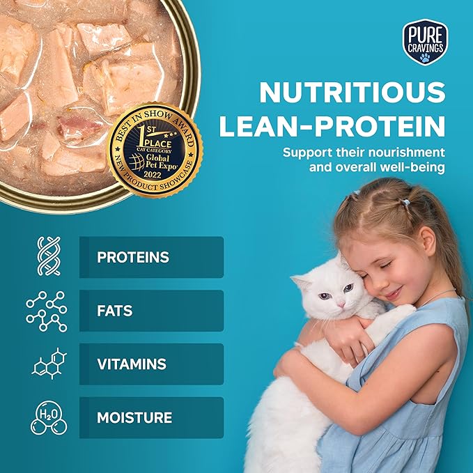 Pure Cravings Mackerel Flakes in Tuna Consommé, Canned Wet Cat Food Soup, 100% Mercury-Tested, Moist Can Fish, Grain-Free Protein, Non-GMO, 3oz, Pack of 12