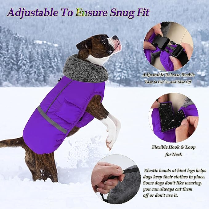 Dogcheer Warm Dog Coat, Christmas Dog Jacket Waterproof Puppy Winter Coat with Buckles, Reflective Adjustable Pet Snow Jacket Turtleneck Fleece Sweater for Small Medium Large Dogs - Purple, 3XL