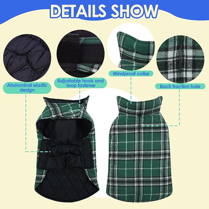 MIGOHI Reversible Dog Coat, Windproof Waterproof Warm Jacket for Cold Weather, British Style Plaid, Small Medium Large Dogs, Green, S