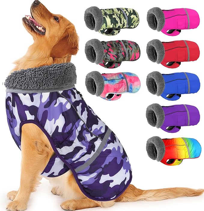 Dogcheer Warm Dog Coat, Waterproof Dog Jacket Christmas Puppy Winter Coat with Buckle, Reflective Adjustable Pet Snow Jacket Turtleneck Fleece Sweater for Small Medium Large Dogs - Camo Purple, 3XL