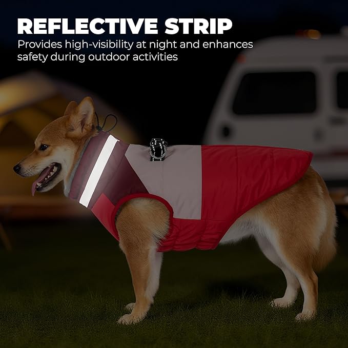 Dog Coat, Waterproof Dog Winter Jacket with Harness Built in, Turtleneck Warm Doggie Cold Weather Coats, Reflective Pet Vest for Indoor & Outdoor, Windproof Dogs Snowsuit, Red Large