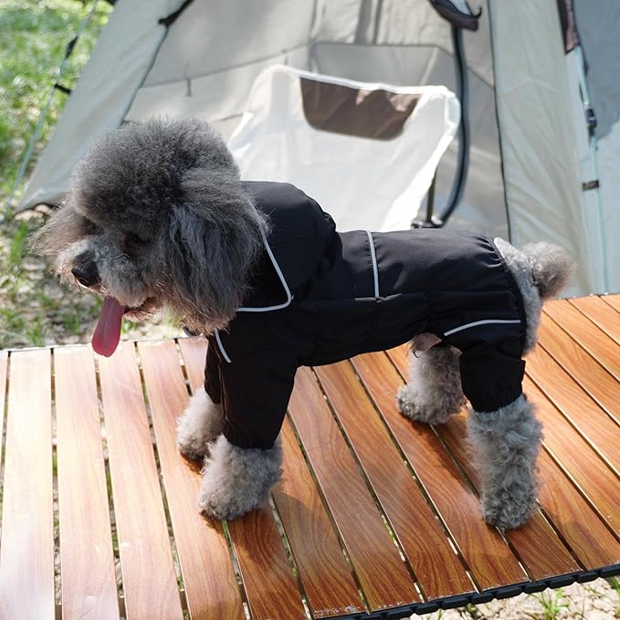 LOVELONGLONG Waterproof Dog Raincoat with Removable Hood – Outdoor Full Body Dog Jacket, Windproof Snowproof Shell Suit – All Season Pet Rain Gear Black XL