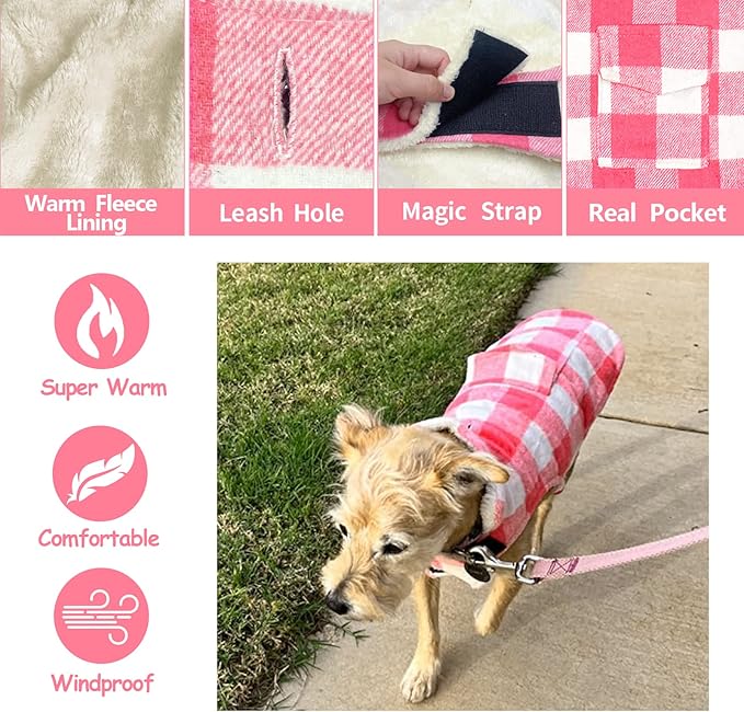 Malier Classic Plaid Fleece Dog Coat - Windproof Warm Jacket with Pocket, Winter Pet Clothes Apparel for Small to Large Dogs (Pink, Medium)