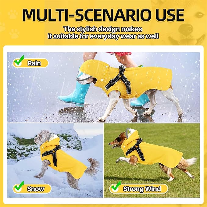 SlowTon Dog Raincoat Waterproof - Dog Rain Jacket with Harness and Hood Lightweight, Reflective Dogs Rain Coat for Large Medium Small Dogs Girl Boy Puppy Poncho Pet Clothes (Yellow, M)