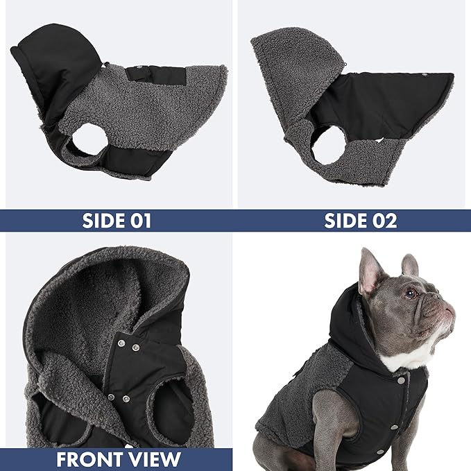 Spark Paws Reversible Dog Sweater, Sherpa Vest with Warm Fleece Lining, Warm Coat for Winter, Suitable for Small Medium, Large, XL XXL Dogs - Black and Grey - 2XL