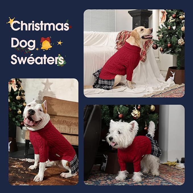IECOii Girl XXL Dog Sweater Dress, Cozy Cable Knit Dog Sweater for Large Dogs Girl, Red,XXLarge, 2XL Pet Pullover Knitted Dress for Winter, Turleneck with Sleeve, Warm Sweaters for Female Pitbull