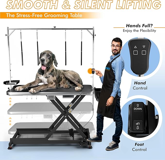 KANIS Professional Electric Dog Grooming Table - Heavy Duty, Height Adjustable Pet Grooming Table w/Leveling Wheels, Grooming Arm, Anti Slip Tabletop & Tool Organizer/Dog Grooming Station (60", BLACK)