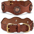 | Genuine Leather Collar with Scalloped Edges | Hand Tooled, Hand Carved, Full Grain, Heavy Duty | Comfortable, Strong (Large (Fit Neck Size 18.5"-22.5"), Brown-Scalloped Edges)