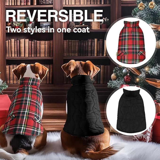 VIVAGLORY Softjoy Dog Coat, Dog Jacket for Winter & Christmas, Coat with Harness Hole & Velcro Closure, Reversible Plaid Checkered Warm Fluffy Heavy Duty for Puppy, XL, Red