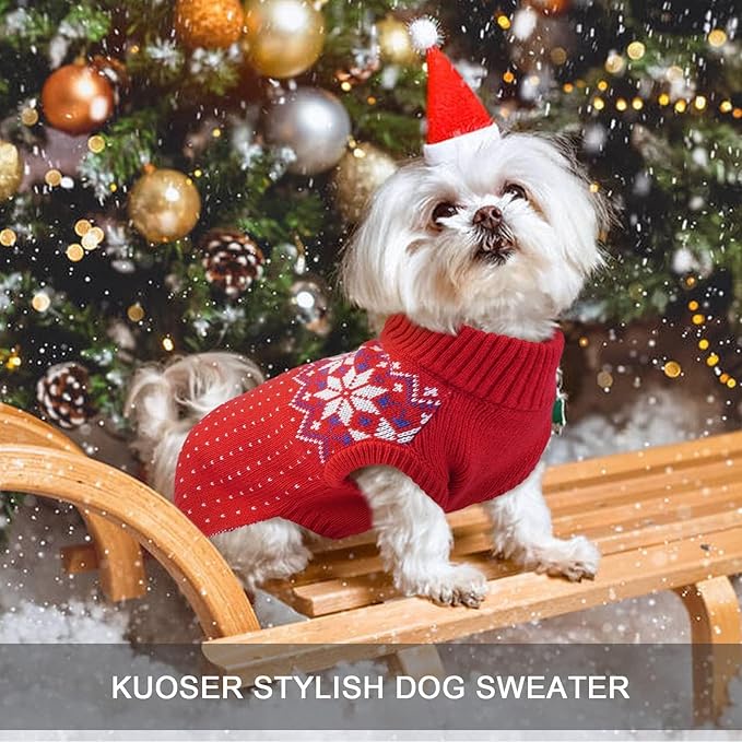 Kuoser Dog Sweater, Holiday Christmas Snowflake Pet Warm Knitwear Dog Sweaters Soft Puppy Clothing, Doggie Turtleneck Cold Weather Outfit Pullover for Small Medium Large Dogs Cats, Red XL