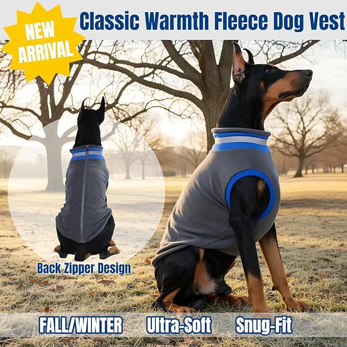 Winter Warm Turtleneck Fleece Vest Dog Clothes, Ultra-Soft & Snug-Fit Puppy Coat for Large Dogs with Back-Zipper, Thermal Doggie Vests Sweatshirt with Reflective Strip, Pet Sweater Male Girl(Grey, L)