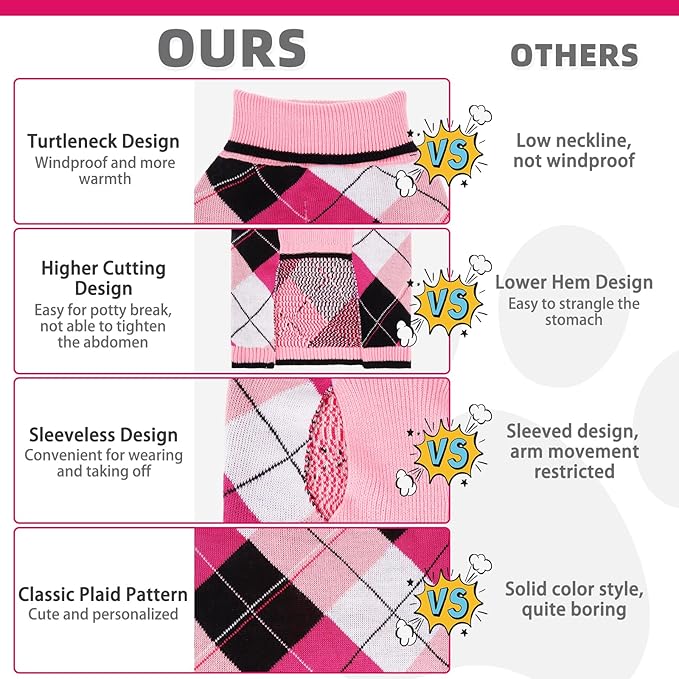 KOOLTAIL Dog Sweater Pet Knitted Clothes - Classic Plaid Pull Over Turtleneck Dog Sweaters with Leash Hole Warm Dogs Winter Clothing for Small Medium Dogs Cats Puppy L