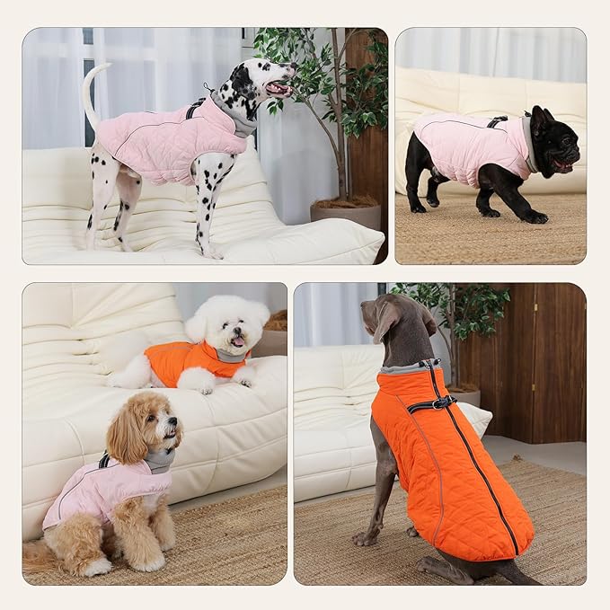 Dog Coat with Harness Built in -Pink,Medium- Fleece Lined Dog Snow Jacket Snowsuit，Adjustable Reflective Winter Warm Cold Weather Coat