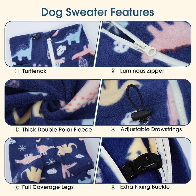 ROZKITCH Dog Winter Coat Soft Dog Fleece Pajamas, Pet Windproof Warm Cold Weather Jacket Vest with Reflective Zipper, Jumpsuit Apparel Outfit Clothes for Medium Dog Dinosaur M
