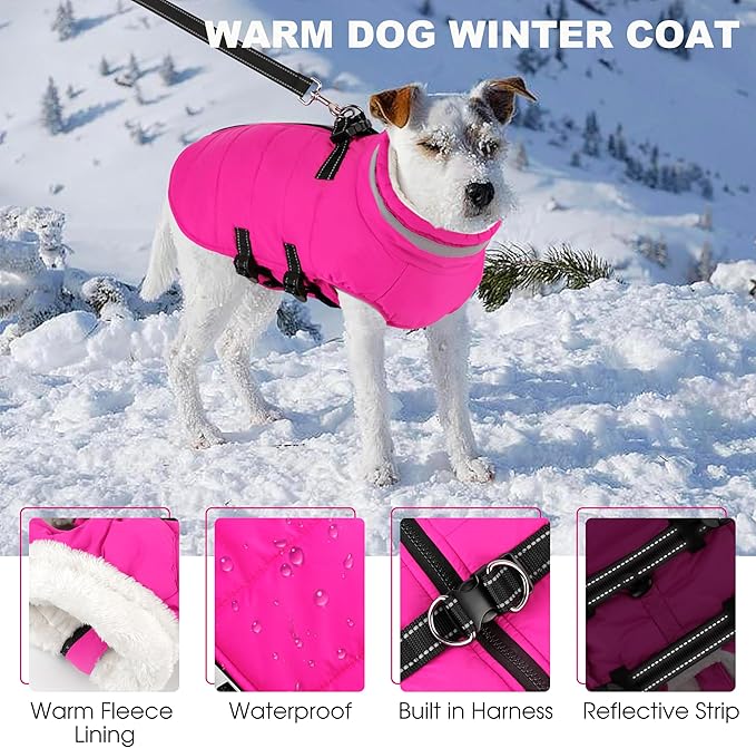Large Dog Coat with Harness Built-in, Waterproof Reflective Fleece Lined - Warm Windproof Winter Jacket with Back Zipper, Cold Weather Snow Dog Coats - Pink - 3XL