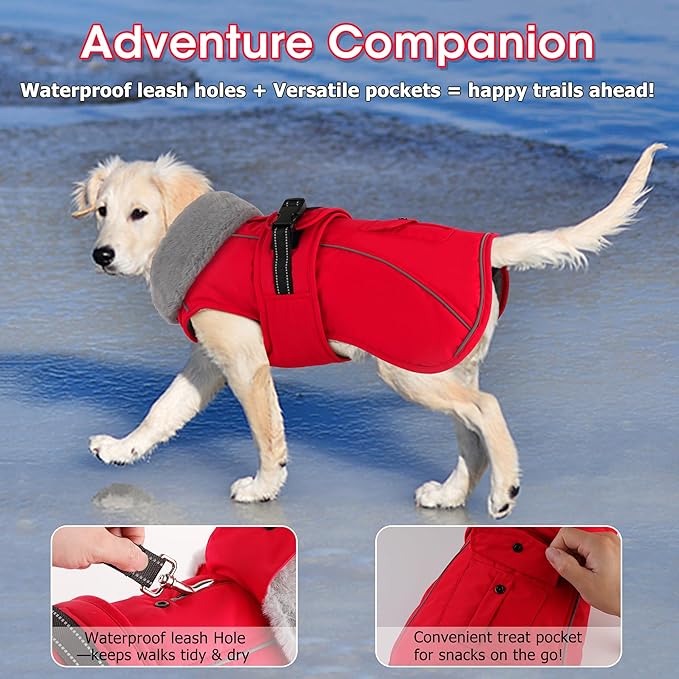 Dogcheer Dog Coat with Pocket, Waterproof Dog Jacket with Adjustable Buckle, Reflective Puppy Winter Coat Warm Turtleneck Fleece SnowJacket for Small Medium Large Dogs - Red 3XL