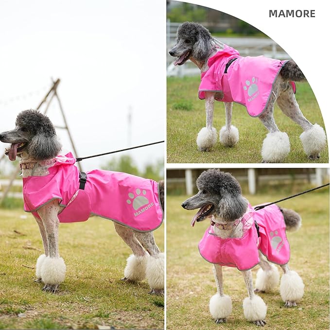 MAMORE Dog Raincoat Hooded Rain Jacket for Small Medium Large Dogs Slicker Poncho Bottom Waterproof Adjustable Reflective Breathable Leash Hole (Pink, XX-Large)