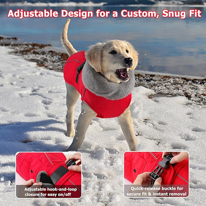 Dogcheer Dog Coat with Pocket, Waterproof Dog Jacket with Adjustable Buckle, Reflective Puppy Winter Coat Warm Turtleneck Fleece SnowJacket for Small Medium Large Dogs - Red S