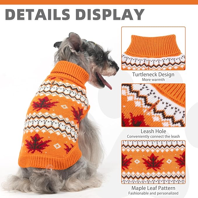 KOOLTAIL Cable Knit Dog Sweater Turtleneck, Cold Weather Pullover Classic Knitwear, Thick Warm Winter Pet Clothes, Fall Maple Leaves Thanksgiving Dog Sweater for Small Medium Large Dogs Cats, Orange M