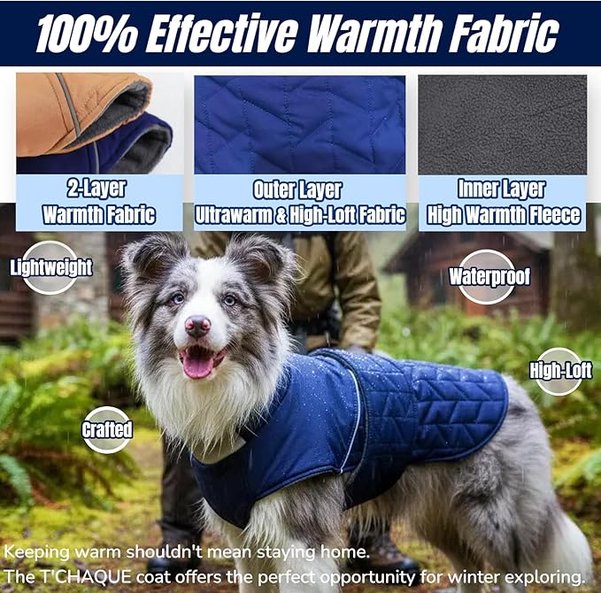 Outdoor Classic Quilted Active Fit Dog Winter Coat, Waterproof & Lightweight Coats for Large Dogs, 2-Layer High-Loft Jacket with Padded Insulation and Warmth Fleece, Pet Clothes for Girl Boy(Blue, L)