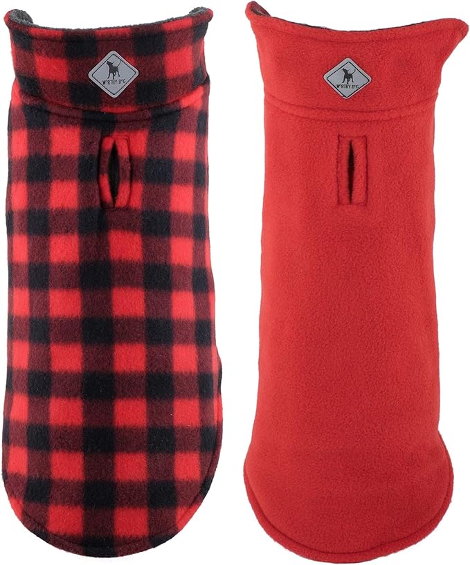 The Worthy Dog Fargo Fleece Buffalo Dog Jacket, Adjustable Reversible with Harness Hole, Wind-Resistant, Winter Outdoor Clothes for Pets, Red - 24''