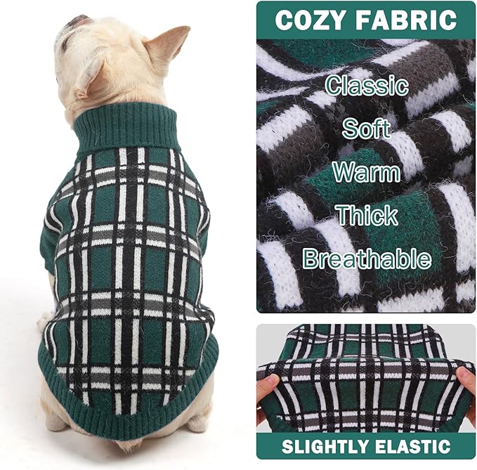 SCENEREAL Turtleneck Dog Sweater for Small Medium Large Dogs Girls Boys, Christmas Plaid Pullover Puppy Sweatershirt, Dogs Cold Weather Outfit Clothes, Ideal Gift for Pet in New Year, Green Plaid XS
