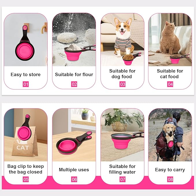 Collapsible Silicone Dog Food Scoop Foldable Pet Food Measuring Cup with Bag Clip 3 in 1 Multi-Function Silicone Dog Food Scooper (Rose Red, Large)