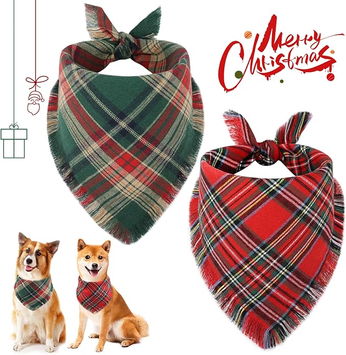 Vivifying Dog Christmas Bandana with Tassels Edges, 2 Pack Classic Plaid Triangle Dog Apparel & Accessories, Funny Holiday Pet Scarf Costume for Photo Prop, and Party Decor (Large, Red&Green)