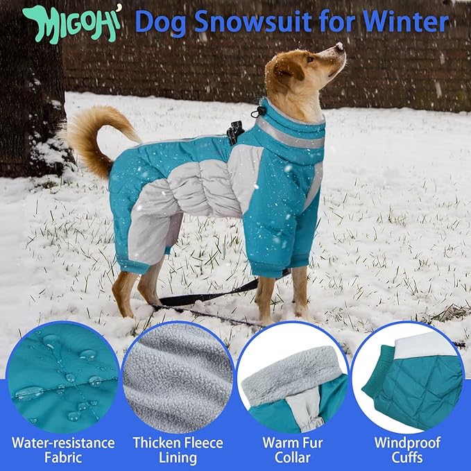 MIGOHI Full Body Dog Coat - Warm Reflective Large Dog Winter Coat with Harness,Turtleneck Fleece Jacket for Dogs,Four-Leg Windproof Puffer Jackets Snowsuit with Zipper for Small Medium Large Dogs,3XL