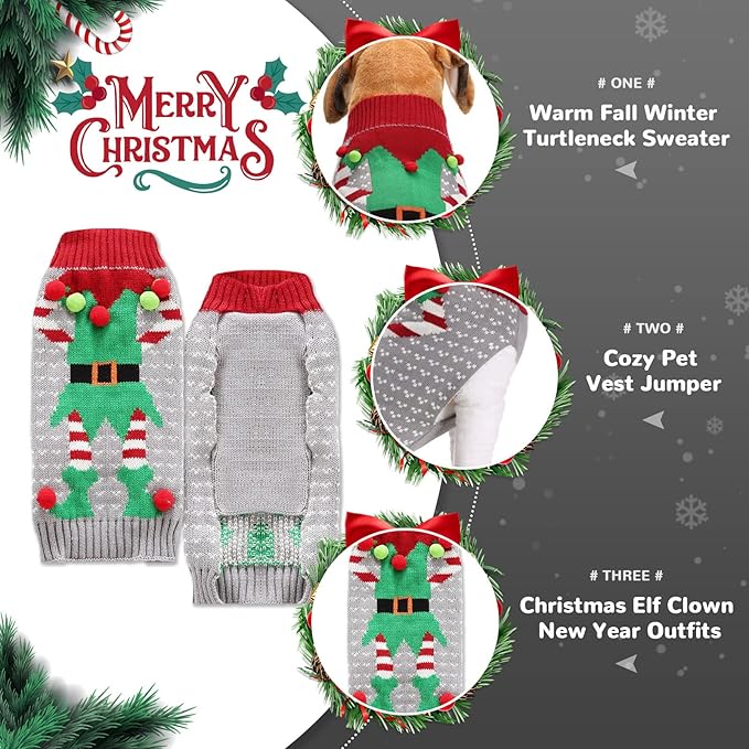PETCARE Dog Christmas Sweater Ugly Elf Clown Cat Sweater Vest Pet Jumper Grey Green Holiday Dog Clothes Puppy Sweaters for Small Medium Large Dogs Cats Fall Winter Outfits Xmas Dogs Costume,X-Large
