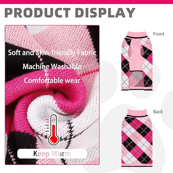 KOOLTAIL Dog Sweater Pet Knitted Clothes - Classic Plaid Pull Over Turtleneck Dog Sweaters with Leash Hole Warm Dogs Winter Clothing for Small Medium Dogs Cats Puppy SM