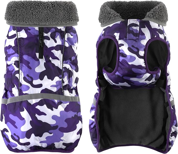 Dogcheer Warm Dog Coat, Waterproof Dog Jacket Christmas Puppy Winter Coat with Buckle, Reflective Adjustable Pet Snow Jacket Turtleneck Fleece Sweater for Small Medium Large Dogs - Camo Purple, M