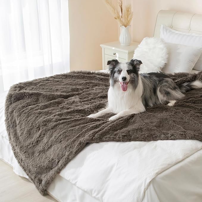 gogobunny Waterproof Dog Blanket for Large Dogs, Cats, Puppy, Reversible Faux Fur Pet Throw Blanket, Washable, Calming Furniture Protection for Sofa Bed (50x60 Inch (Pack of 1), Stone)