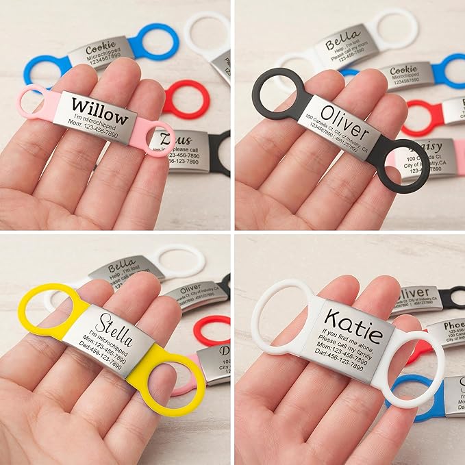 Anavia Slide On Silent Pet ID Tags, S/M/L/XL Personalized Multi-Color Silicone Band Cat Dog Name Tags, Customized Engraved Stainless Steel, Chew-Proof Quiet Dog Collar Tags (Medium, Pink)